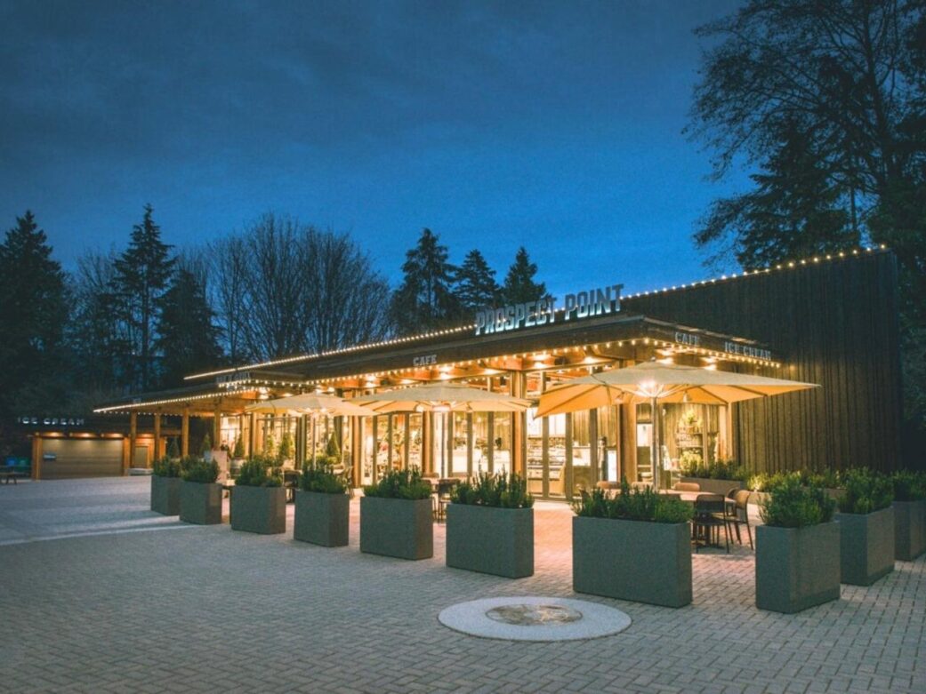 prospect point at stanley park lit up at night