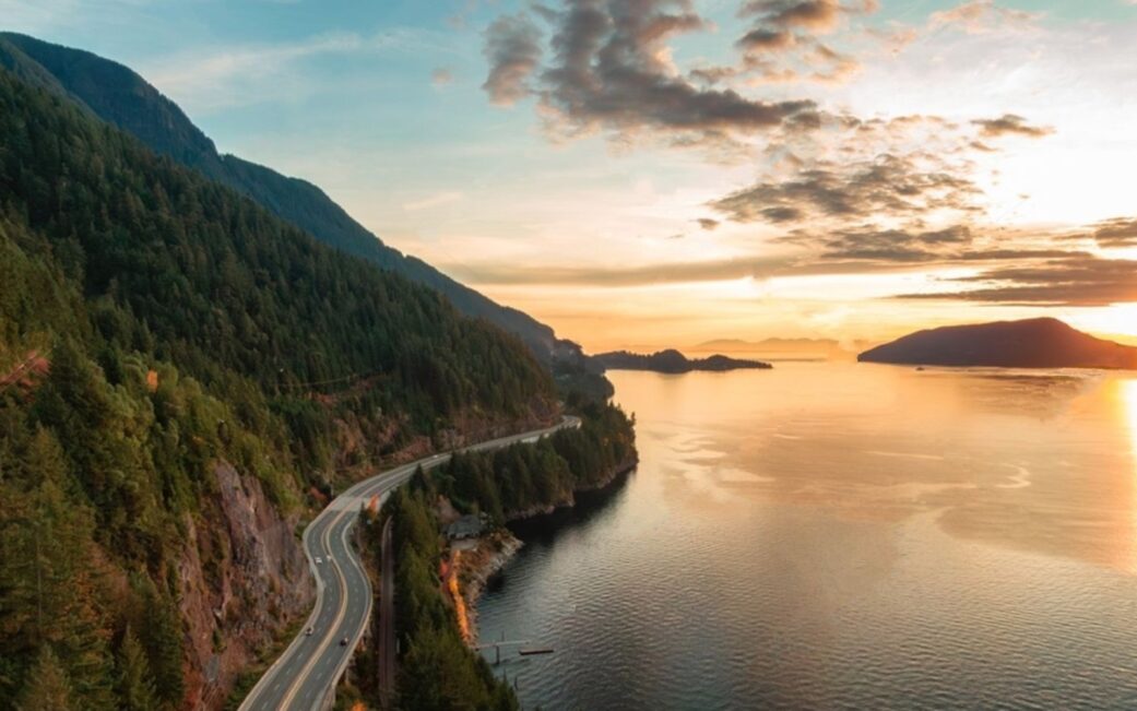 A shot of Howe Sound at golden hour for an article on what to see on the Sea to Sky Highway. do you need a passport to go to vancouver canada