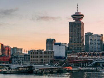 downtown vancouver on a sunset showing off buildings and docking area