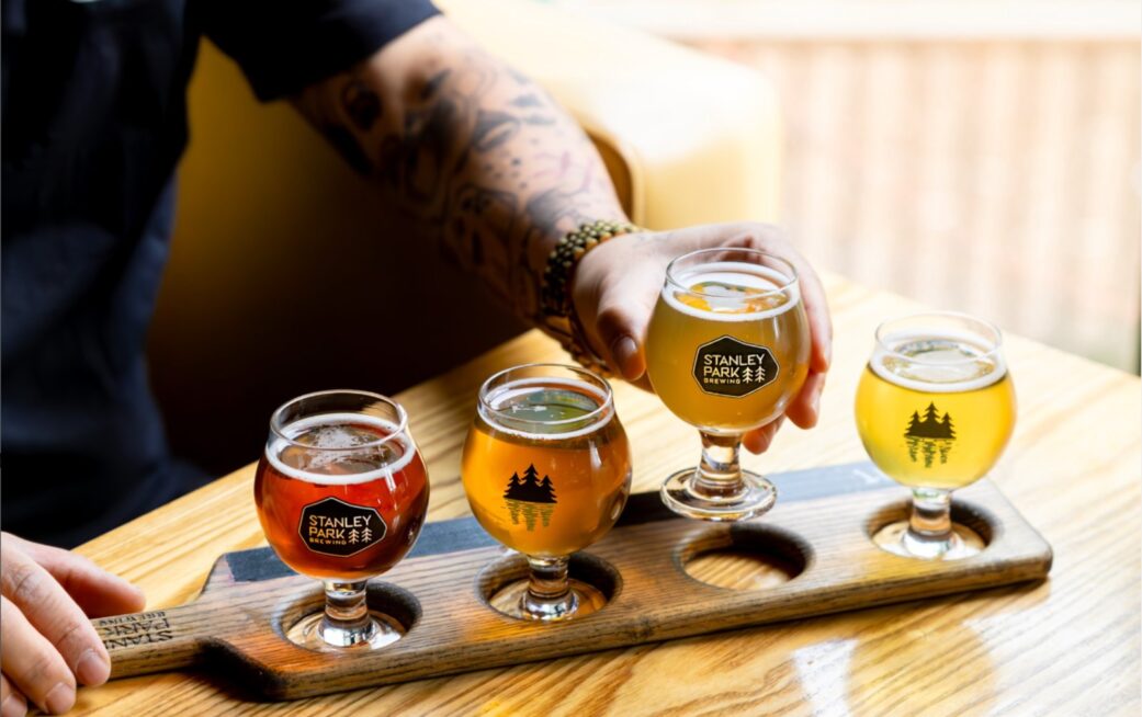 A beer flight at Stanley Park Brewing, Vancouver, BC.